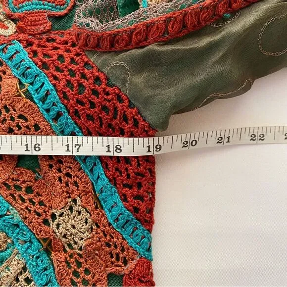 Rare Vintage Sandy Starkman Aqua Patchwork/ Embroidered Boho Cardigan Size Small - Picture 14 of 15